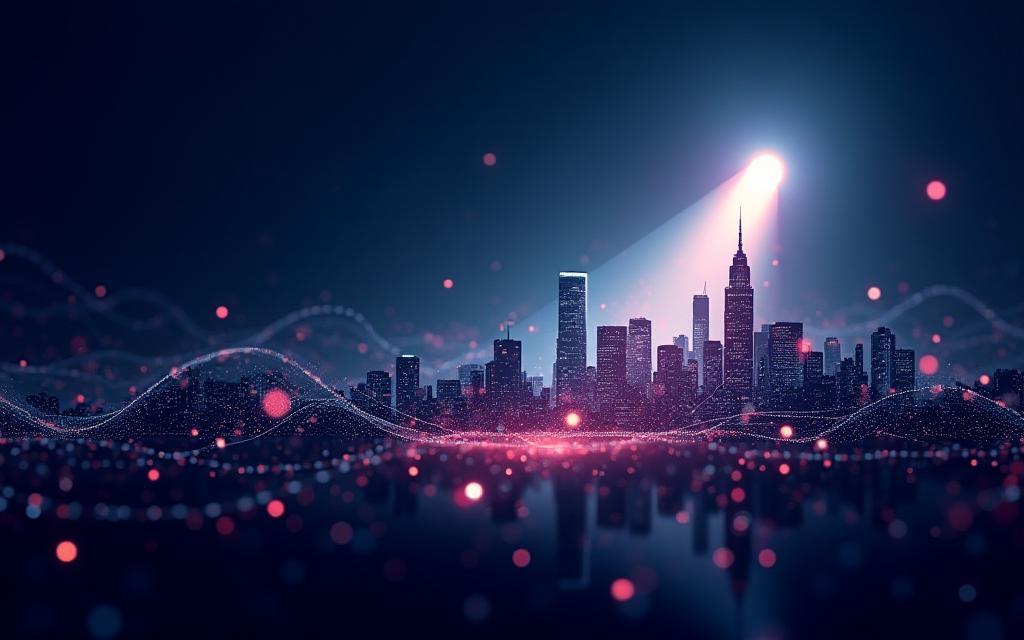 Abstract representation of media waves and spotlight over a city skyline